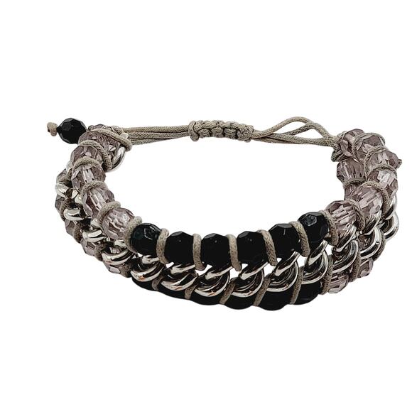 Artisan Black & Lilac Glass Beaded Macrame Bracelet - 6 1/2 Inch to 8 1/2 Inch - Picture 2 of 12